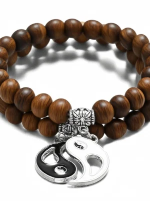 Wooden Bead Bracelet with Yin - Yang Pendant