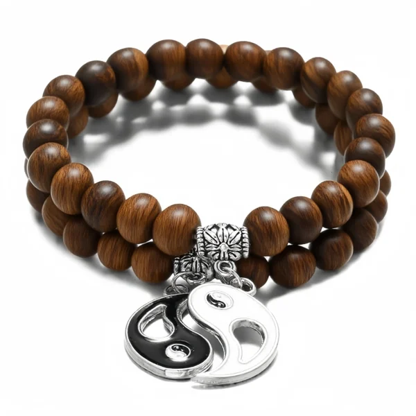 Wooden Bead Bracelet with Yin - Yang Pendant