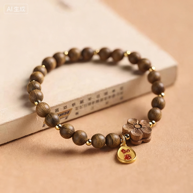 Wooden Bead Bracelet with Flower & Lucky Charm