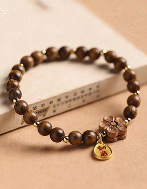 Wooden Bead Bracelet with Flower & Lucky Charm