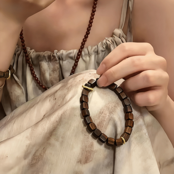 Square - Shaped Wooden Bead Bracelet with Gold Clasp