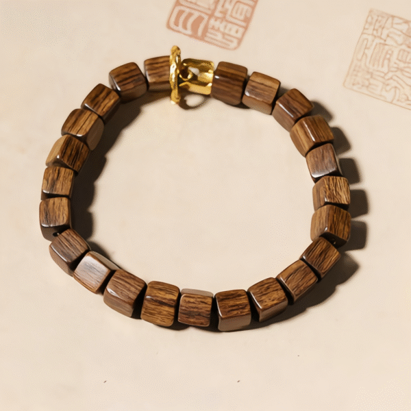 Square - Shaped Wooden Bead Bracelet with Gold Clasp