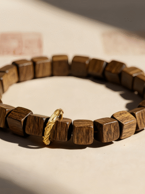 Square - Shaped Wooden Bead Bracelet with Gold Clasp
