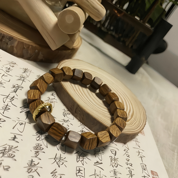 Square - Shaped Wooden Bead Bracelet with Gold Clasp