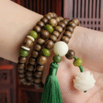 108 Wooden Bead Mala Necklace with Lotus Pendant & Green Accents, Spiritual Meditation Jewelry