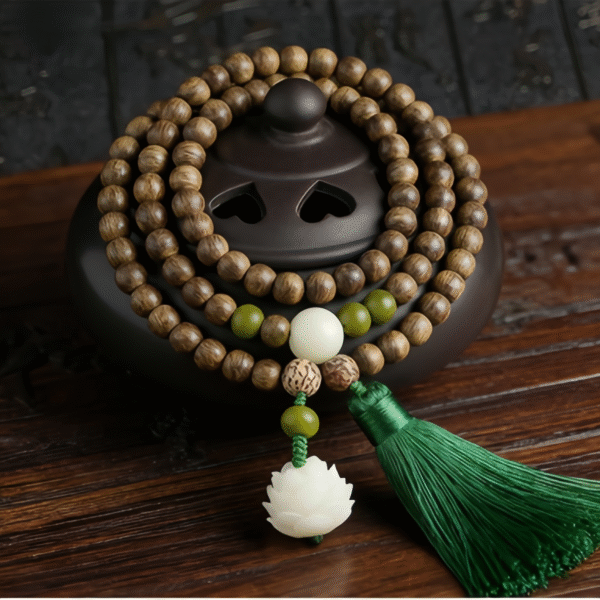 108 Wooden Bead Mala Necklace with Lotus Pendant & Green Accents, Spiritual Meditation Jewelry