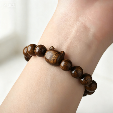 Wooden Bead Bracelet with Cat - Shaped Charm