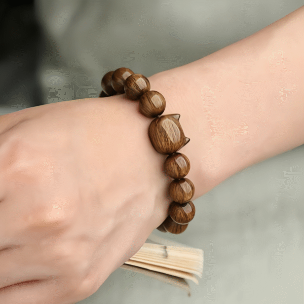 Wooden Bead Bracelet with Cat - Shaped Charm