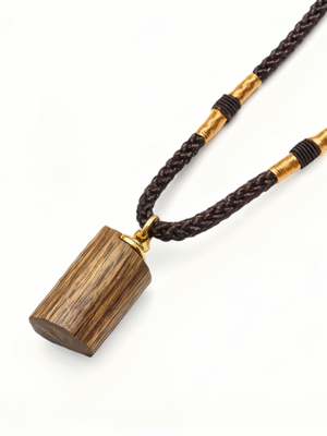 Wooden Cylinder Pendant Necklace with Braided Rope Chain & Gold Accents, Minimalist Natural Jewelry