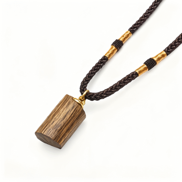 Wooden Cylinder Pendant Necklace with Braided Rope Chain & Gold Accents, Minimalist Natural Jewelry