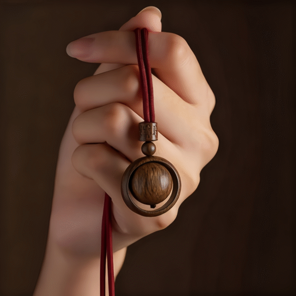 Wooden Spinning Sphere Pendant Necklace with Engraved Bead