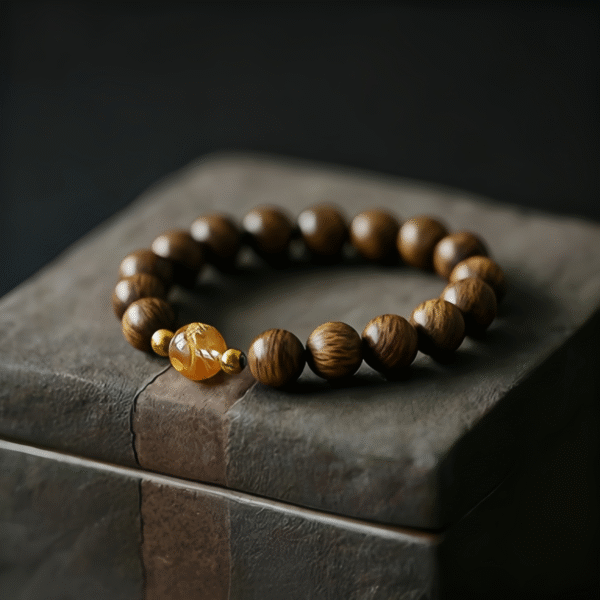 Wooden Bead Bracelet with Gold - Tone Accents and Amber - Like Bead