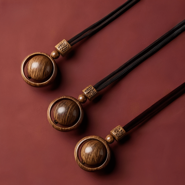 Wooden Spinning Sphere Pendant Necklace with Engraved Bead