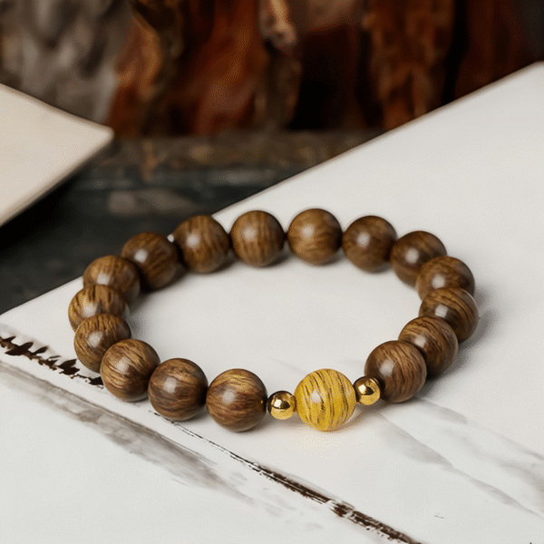 Wooden Bead Bracelet with Gold - Tone Accents and Amber - Like Bead
