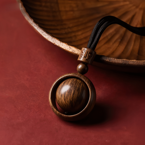 Wooden Spinning Sphere Pendant Necklace with Engraved Bead