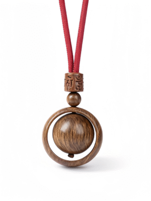 Wooden Spinning Sphere Pendant Necklace with Engraved Bead