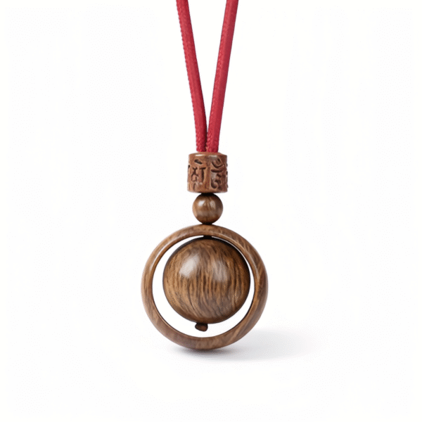 Wooden Spinning Sphere Pendant Necklace with Engraved Bead