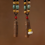 Engraved Wooden Cylinder Pendant Necklaces with Beaded Chain, Spiritual Cultural Jewelry Set