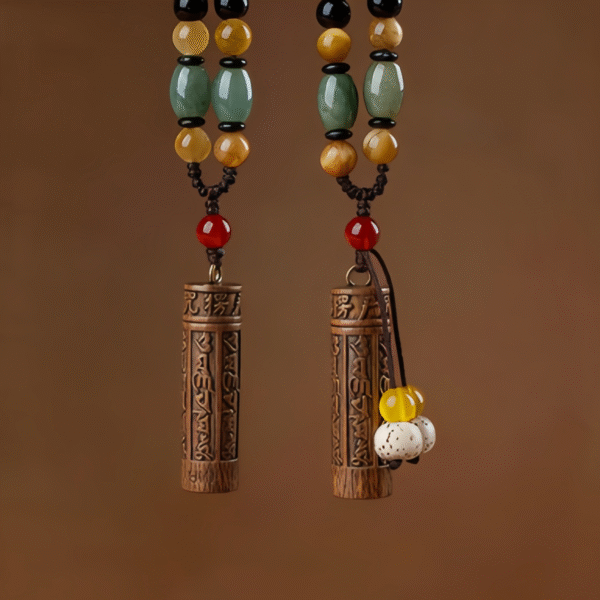 Engraved Wooden Cylinder Pendant Necklaces with Beaded Chain, Spiritual Cultural Jewelry Set