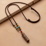Engraved Wooden Cylinder Pendant Necklaces with Beaded Chain, Spiritual Cultural Jewelry Set
