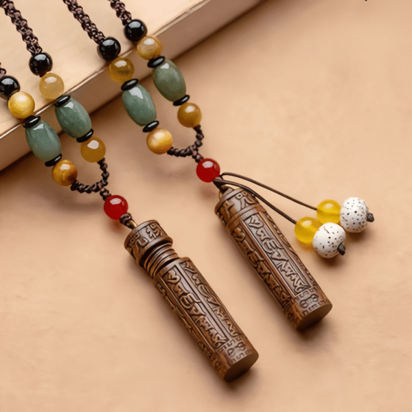 Engraved Wooden Cylinder Pendant Necklaces with Beaded Chain, Spiritual Cultural Jewelry Set