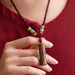 Engraved Wooden Cylinder Pendant Necklaces with Beaded Chain, Spiritual Cultural Jewelry Set