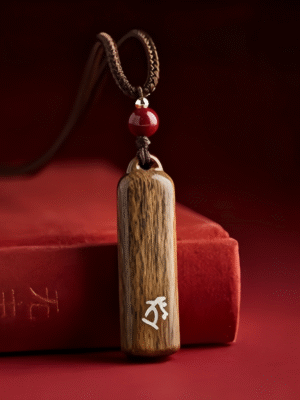 Wooden Cylinder Pendant Necklace with Symbol Inlay
