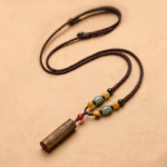 Engraved Wooden Cylinder Pendant Necklaces with Beaded Chain, Spiritual Cultural Jewelry Set