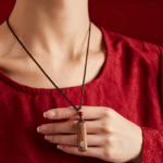 Wooden Cylinder Pendant Necklace with Symbol Inlay