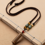 Engraved Wooden Cylinder Pendant Necklaces with Beaded Chain, Spiritual Cultural Jewelry Set