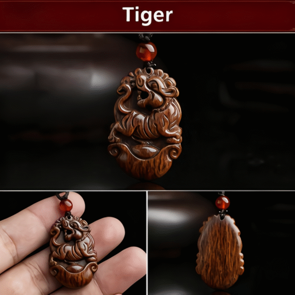 Wooden Rat - Carved Pendant with Red Agate Bead