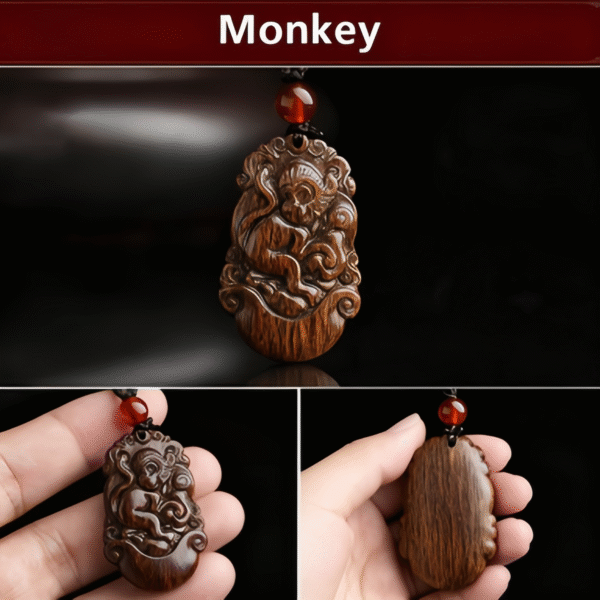 Wooden Rat - Carved Pendant with Red Agate Bead