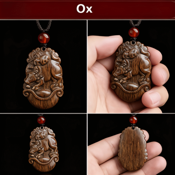 Wooden Rat - Carved Pendant with Red Agate Bead