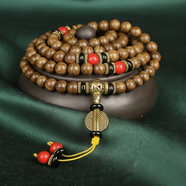 108 Wooden Bead Mala Bracelet with Golden Accents & Red Black Beads, Spiritual Meditation Jewelry