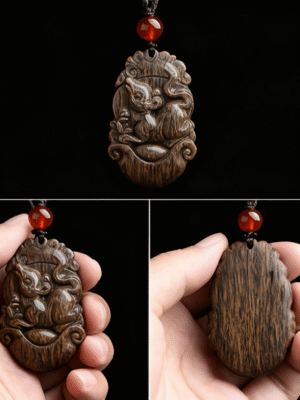 Wooden Rat - Carved Pendant with Red Agate Bead