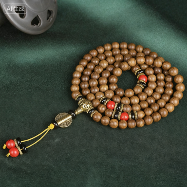 108 Wooden Bead Mala Bracelet with Golden Accents & Red Black Beads, Spiritual Meditation Jewelry