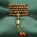 108 Wooden Bead Mala Bracelet with Golden Accents & Red Black Beads, Spiritual Meditation Jewelry