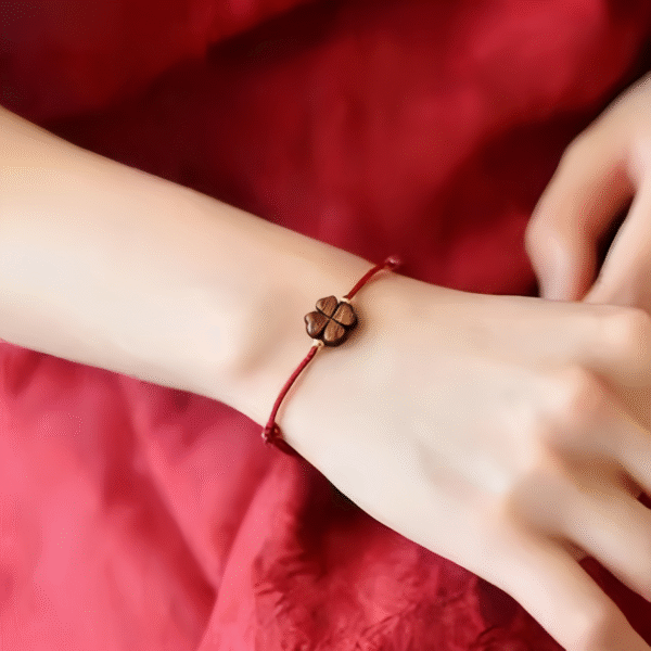 Red Cord Bracelet with Wooden Clover Charm