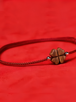Red Cord Bracelet with Wooden Clover Charm