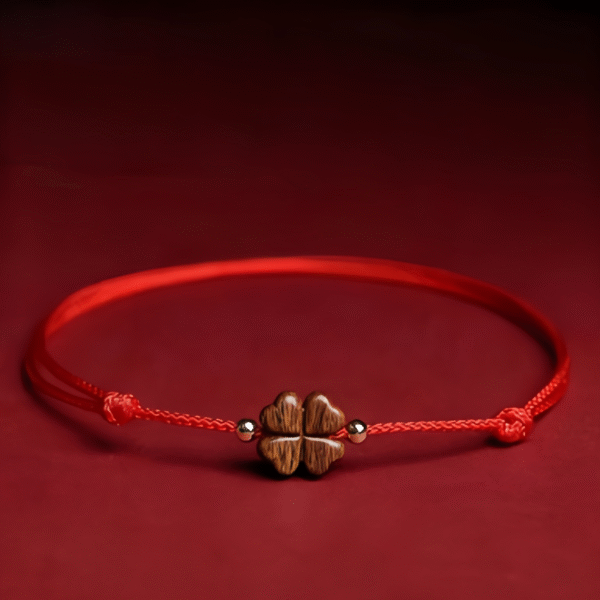 Red Cord Bracelet with Wooden Clover Charm