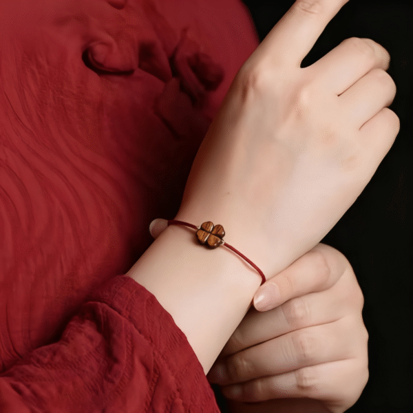Red Cord Bracelet with Wooden Clover Charm