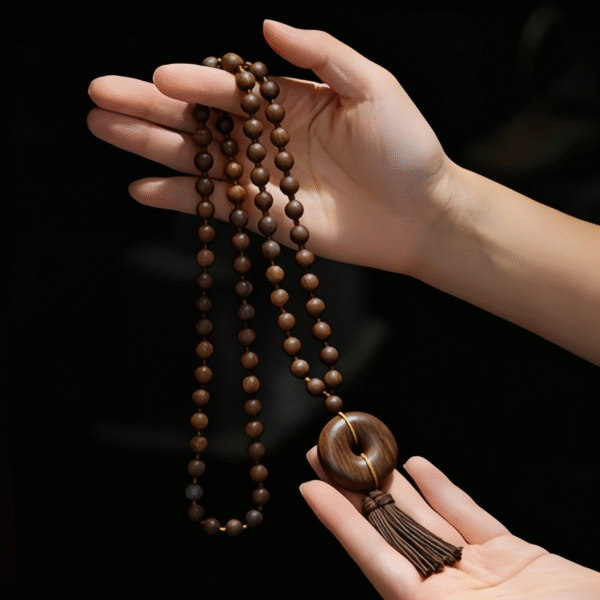 Wooden Bead Mala Necklace with Circular Pendant & Tassels