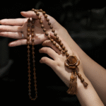 Wooden Bead Mala Necklace with Circular Pendant & Tassels