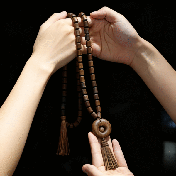 Wooden Bead Mala Necklace with Circular Pendant & Tassels