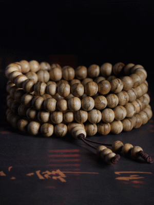 Agarwood bead bracelet, 108 natural prayer beads with tiger stripe pattern.