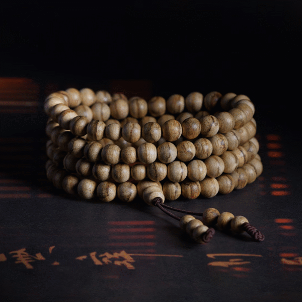Agarwood bead bracelet, 108 natural prayer beads with tiger stripe pattern.