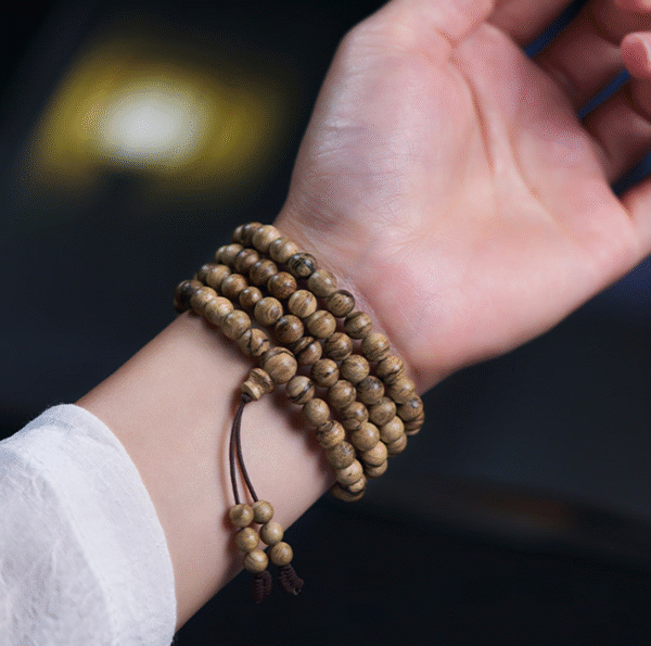 Agarwood bead bracelet, 108 natural prayer beads with tiger stripe pattern.